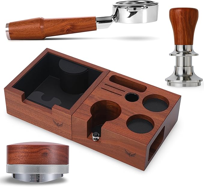 58mm Gaggia Espresso Accessories Kit –Rosewood Naked Portafilter, Auto-Level Espresso Press, Ground Distribution Tool, Wooden Barista Holder & Coffee Puck Knock Bin