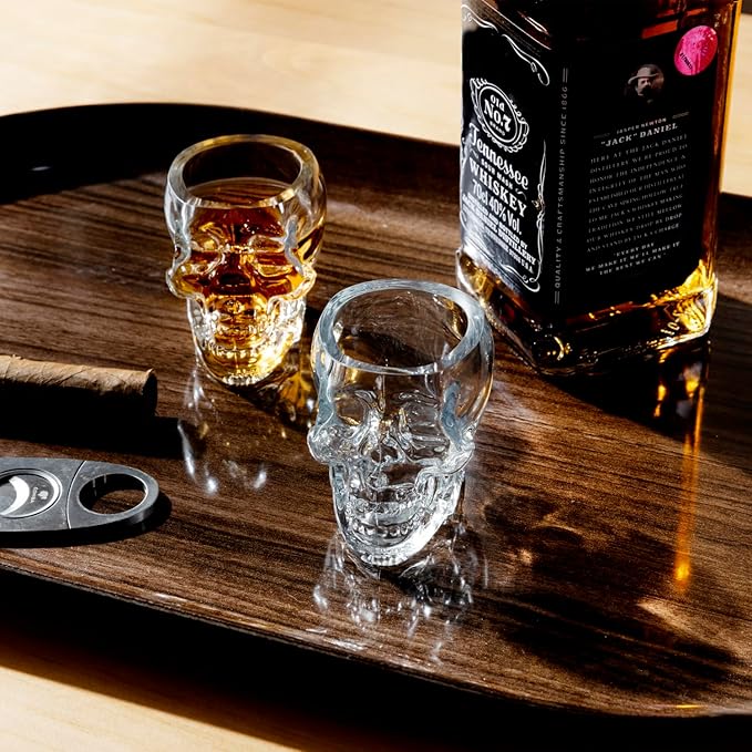 MyGift Set of 6 Skull Shot Glasses – 2.8 oz Clear Glass Novelty Drinkware for Halloween Parties, Cocktail Bars & Home Decor – Spooky 3D Skull Design