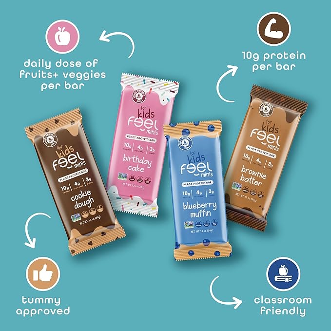 Feel Bar Minis – Kids Protein Bars | Birthday Cake | 10g Plant Protein | 100 Calories | No Added Sugar | + Daily Veggies | Gluten Free, No Nuts, No Soy, No Dairy, No Grains (12 Pack)