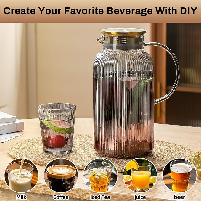 2 PACK Glass Pitcher with Lid, 68 oz/ 2 Liter Gray Classic Vertical Stripes Water Pitcher,Glass Water Carafe for Cold Brew, Coffee, Lemonade, Iced Tea,Beverage, Heat Resistant Water Glass Jug