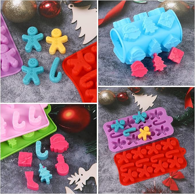 Christmas Silicone Chocolate and Candy Molds, Small Baking Molds for Cake Toppers, Santa Clause Snowman Christmas Tree Presents Gingerbread Stockings Star Candy Cane Molds 6Pcs