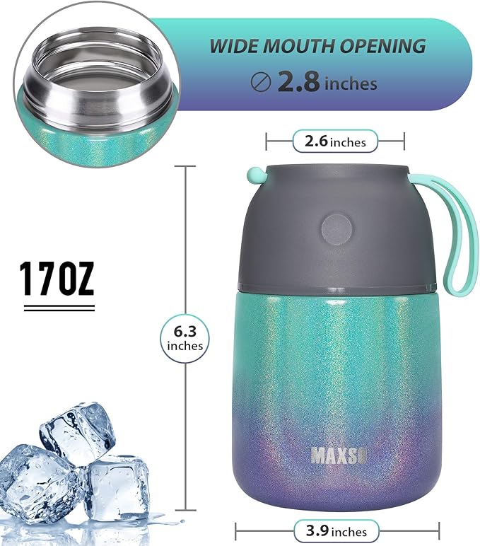 Insulated Thermo Soup Jar for Kids & Adults, 17 oz Stainless Steel Thermal Food Container with Spoon, Triple Layer Insulation (Rainbow)