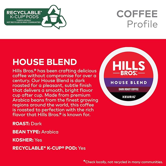 Hills Bros. House Blend Keurig K-Cup Pods for Keurig Brewers – Dark Roast Premium Arabica Blend, Kosher – 1 Pack of 12 Single Serve Pods