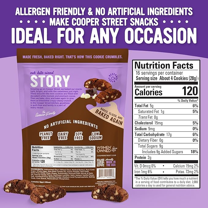 Cooper Street Twice-Baked Brownie Chocolate Biscotti Cookies (16oz each, Pack of 4) - 50 Two-Bite Mini Italian Style Snacks - Dairy-Free, Peanut Free, Kosher, Low-Calorie, Perfect with Coffee or Tea