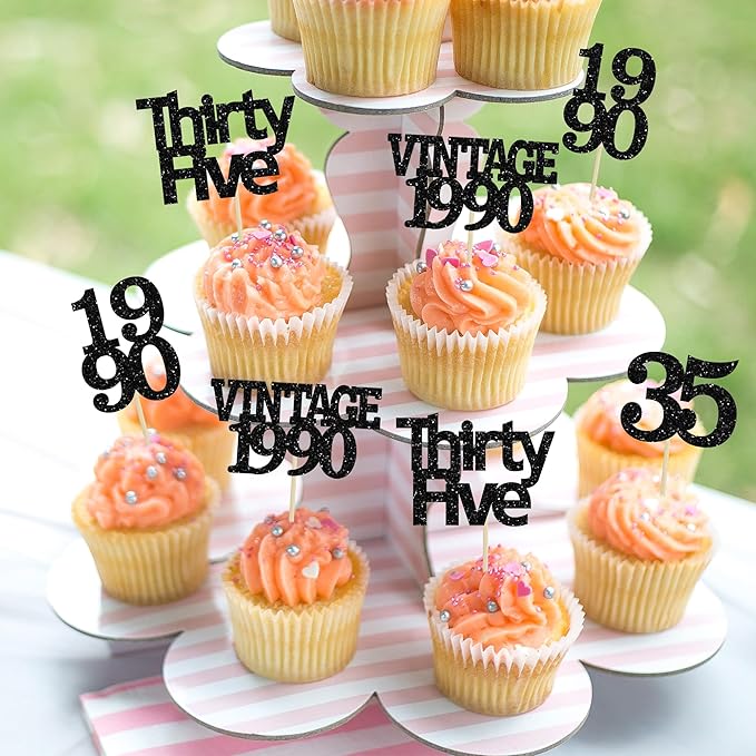 Gyufise 24Pcs Vintage 1990 Cupcake Toppers Glitter Cheers to 35 Fabulous Thirty Five Cupcake Picks 35th Birthday Wedding Anniversary Party Cake Decorations Supplies Black