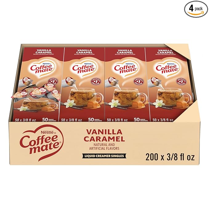 Nestle Coffee mate Coffee Creamer, Vanilla Caramel, Liquid Creamer Singles, Non Dairy, No Refrigeration, 0.375 fl oz Tubs (Pack of 200)