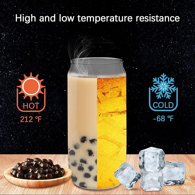 Glass Cups with Lids and Straws 20 Pcs 16 oz Ice Coffee Cup Skinny and Long Can Beer Cups Set Drinking Glasses with Bamboo Lids Reusable Glass Cups Ideal for Smoothies & Beverages