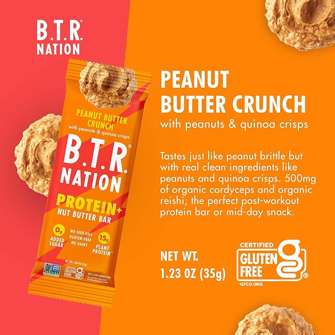 B.T.R Nation Vegan Keto Plant Based High Protein & HIgh Fiber Bars - Peanut Butter Crunch Protein+ | 6 Bars | Low Carb & GF, Free of Sugar Alcohols, Dairy, Soy, with Powerful Superfoods!