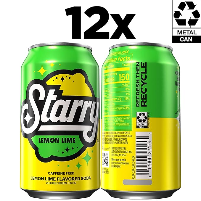 Starry Lemon Lime Soda Pop, 12 Fl Oz Cans (Pack of 12)