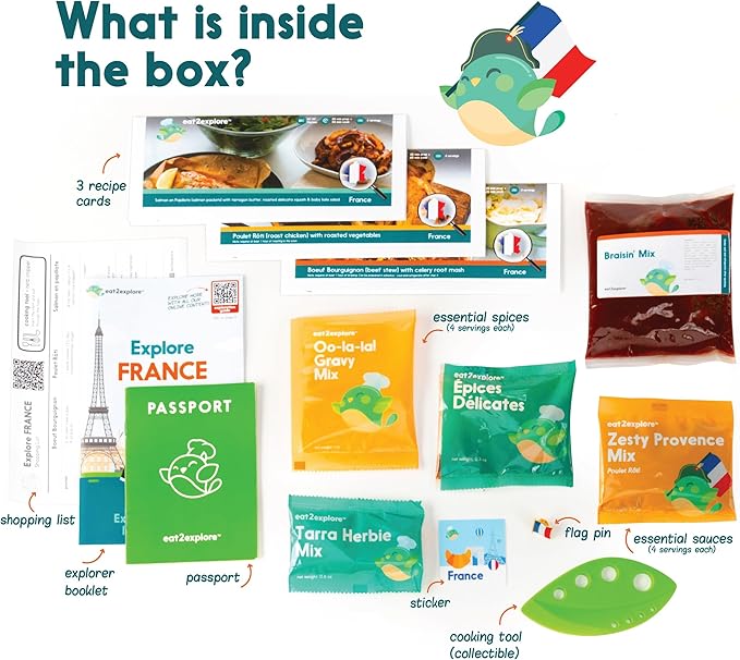 eat2explore Cooking Kits for Kids – Interactive & Educational Kids Cooking Sets Real for Ages 5 and Up,3 Recipe Cards & Global Ingredients – Fun Gift for Young Chefs (France Edition)