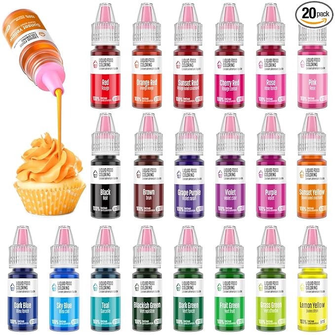 Food Coloring Liquid Set - Jelife 20 Colors Liquid Easter Eggs Dye Kit Edible Cake Decorating Color Flavorless Vibrant Food Dye for Baking Macaron Frosting Fondant Cookie(6ml/Bottles)