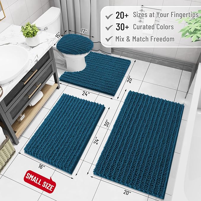 Arotive Luxury Chenille Bathroom Rug Mat, Extra Soft Thick Absorbent Shaggy Bath Rugs, Non-Slip Machine Wash Dry, Plush Bath Mats for Bathroom, Shower and Tub, 34x21, Peacock Blue