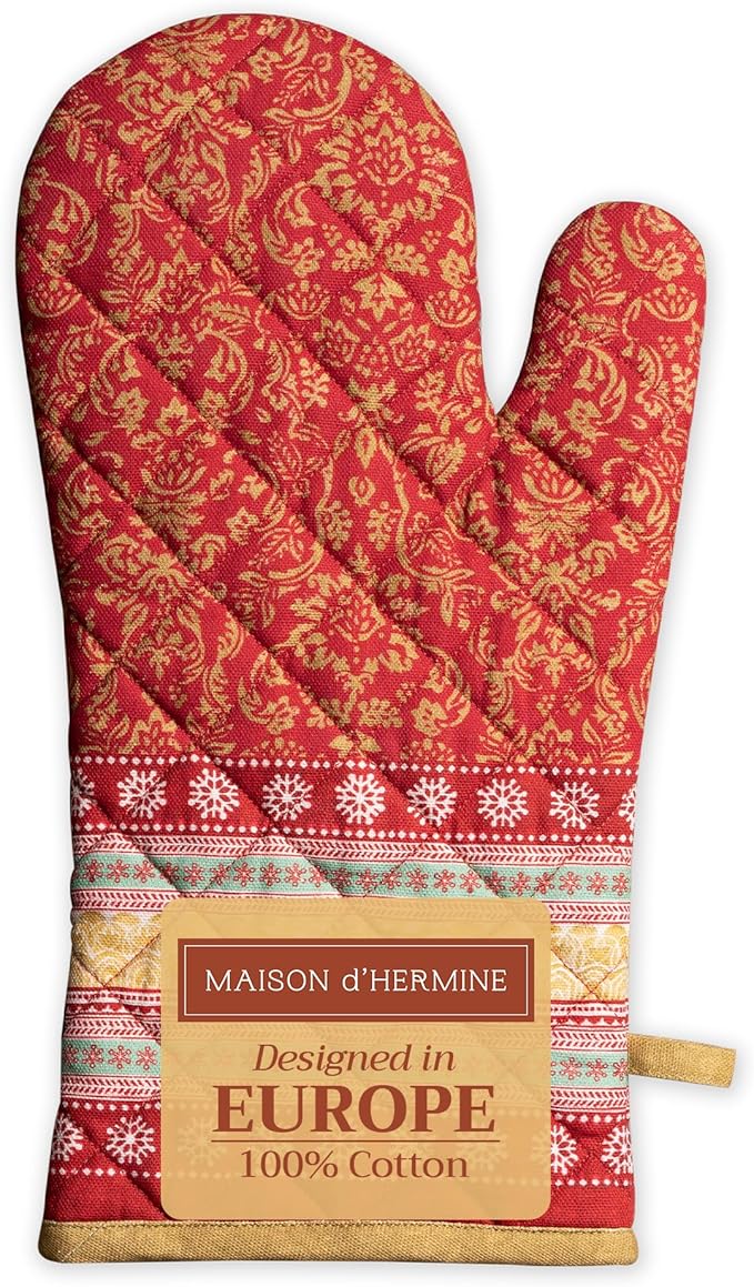 Maison d' Hermine Oven Gloves 100% Cotton Oven Mitt 7" x 13" with Loop Heat Resistant, BBQ, Cooking Gloves, Baking, Grilling, Kitchen, Handling Hot Pans (Pack of 1, Sofia)