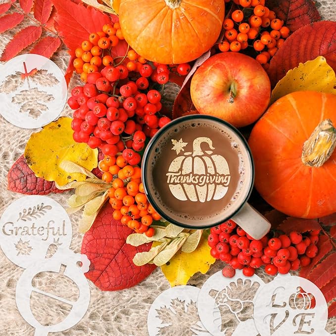 JULBEAR 36 Pieces Thanksgiving Stencils Fall Reusable Cookie Cake Stencils Templates Mold Tools for Decorating Autumn Holiday Cake DIY Baking Painting Dessert Coffee Decoration
