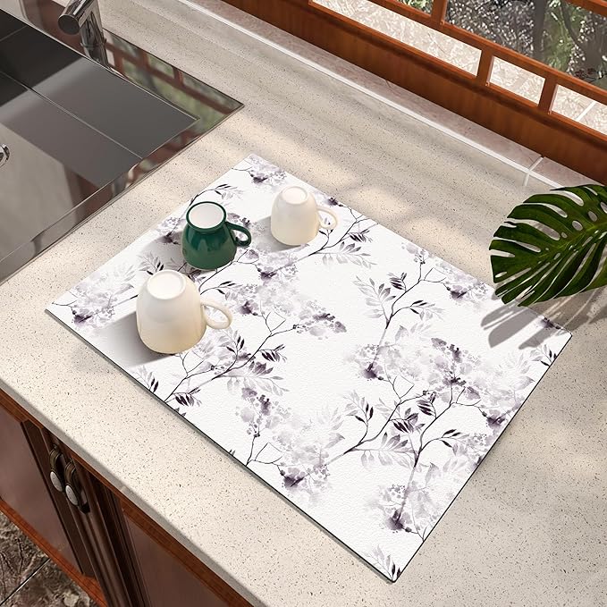 Dish Drying Mat, Diatomaceous Earth Soft Coffee Mat, Absorbent Silicone Dish Drying Mat for Kitchen Counter or Sink for Kitchen Bathroom Coffee Bar (Inked Flower, 12 x 16 Inches)