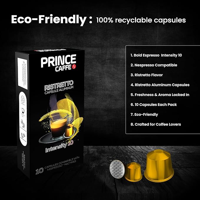 Prince Caffe Espresso Pods – Ristretto Intensity 10, Dark Roast, The Espresso Coffee Pods Are Compatible with Nespresso Original Line Machines, 30 Count (3 x 10 Capsules) Premium Quality Coffee Capsules.