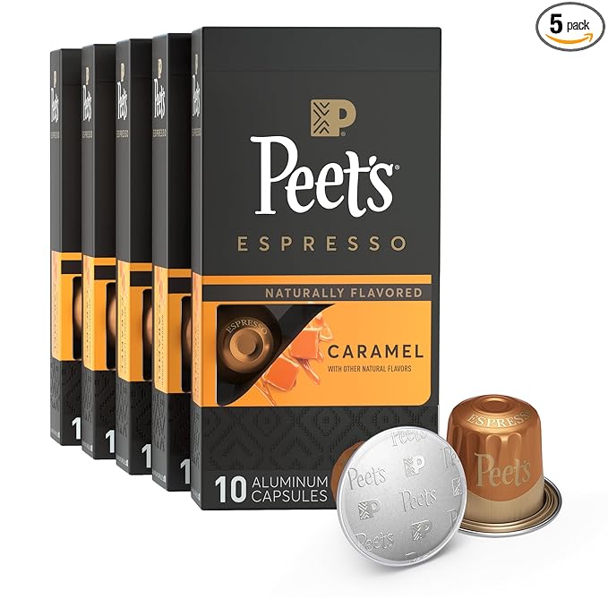 Peet's Coffee, Medium Roast Espresso Capsules, Compatible with Nespresso Original Machine - Caramel, 50 Count (5 Boxes of 10 Espresso Capsules)