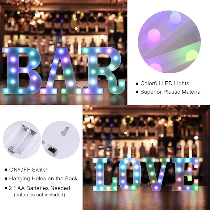 Foaky Colorful LED Letter Lights with Remote,Marquee Light Up Letters Sign for Night Light Wedding/Birthday Party Battery Powered Christmas Lamp Home Bar Decoration(V)