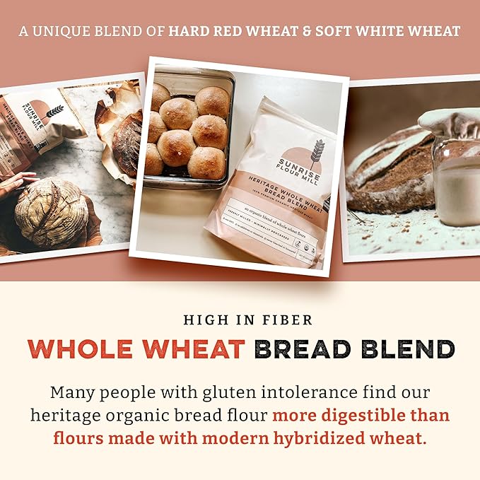 Sunrise Flour Mill Heritage Whole Wheat Bread Blend - 5 lb | USDA Organic All Purpose Flour Unbleached - Non-GMO, Kosher, Grown Without Glyphosate, Ancient Grains, Bread Flour Organic.
