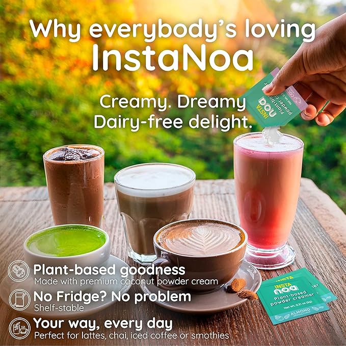 NOA Plant-Based Powder Creamer - Dairy-Free Coconut & Dulce de Leche Flavor, No Sugar, Vegan, Keto-Friendly, Instant Non-Dairy Coffee Enhancer, 30 Sachets of 4g