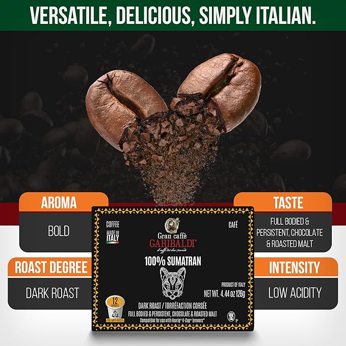Caffè Garibaldi Sumatran Coffee Pods, Single-Serve Capsules for Keurig K-Cup Brewers, 100% Arabica Blend, Recyclable Pods, 12 Count - Dark Roast