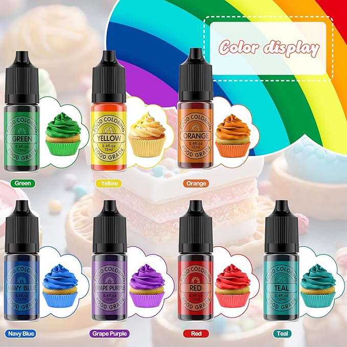 Cherrysea Food Coloring for Cake Decorating Rainbow Edible Food Dye for Baking Royal Icing Cookie Supplies Gluten Free 7x12ml Food Grade Liquid Food Color Kit, 0.4 Fl. Oz/Bottles