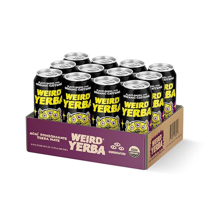 Drink Weird Organic Acai Pomegranate Yerba Mate – 16oz Cans, 160mg Organic Caffeine, Pack of 12 – Antioxidant-Rich Energy Drink Alternative