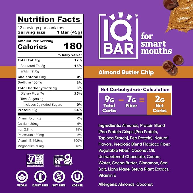 IQBAR Brain and Body Plant Protein Bars - Almond Butter Chip - 36-Count - Keto, Vegan, Low Carb, High Fiber, Gluten Free, Dairy Free, Low Sugar Snack with Nutrients for Focus, Energy, Meal Replacement
