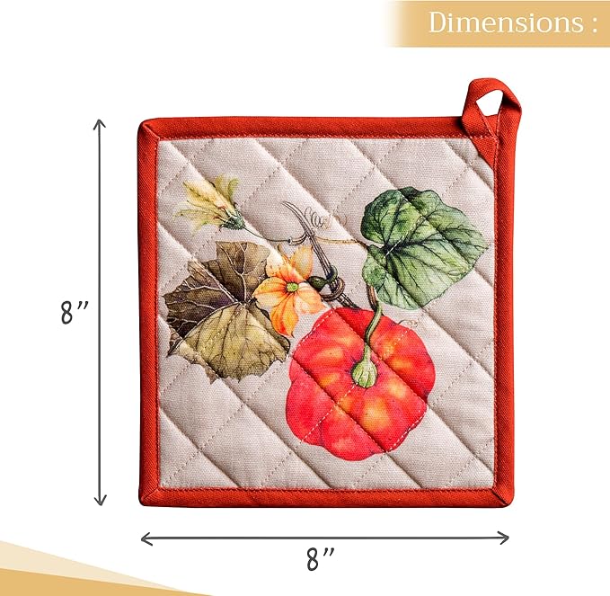 Maison d' Hermine Pot Holders Set 100% Cotton Heat Resistant Potholders 8" x 8" Hot Pads with Loop BBQ, Cooking, Baking, Grilling, Kitchen, Handling Hot Pans (Pack of 2, Potiron)