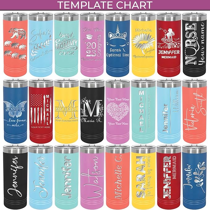 Personalized Skinny Tall Tumbler 20oz by iProductsUS - Personalized Laser Engraved Stainless Steel Skinny Tumbler Custom Name and Vacation Mug, Spill Proof Lid, and Straw, 25 Designs (Black)