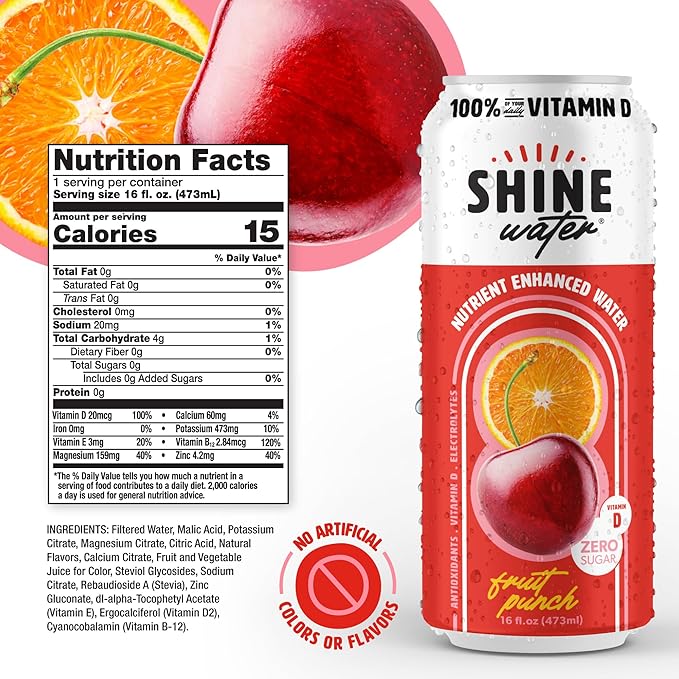 ShineWater Fruit Punch Vitamin D Electrolyte Drink | Zero Sugar Hydration Beverage with Magnesium, Zinc & Antioxidants | Low Calorie Plant-Based Vitamin Water | 12 Pack