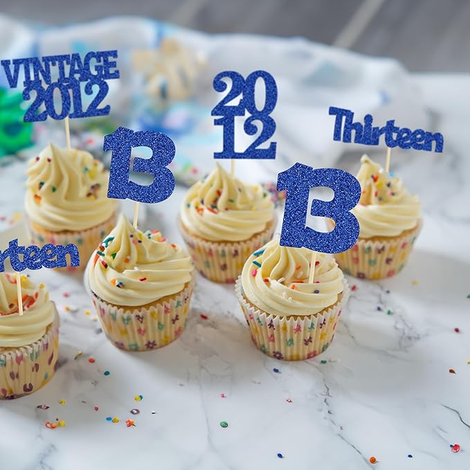 Gyufise 24Pcs 13th Birthday Cupcake Toppers Glitter Thirteen Vintage 2012 Official Teenager 13 Cupcake Picks Birthday Cake Decorations for Happy 13th Anniversary Party Supplies Deep Blue