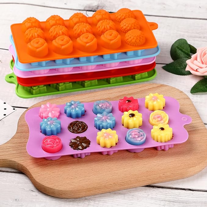 Flower Shape Chocolate Candy Molds Set,Heart,The stars,The rose,Flowers in Combination,15 Cavity Silicone Baking Mold Ice Cube Tray-Wedding,Festival,Parties and DIY Crafts-(6Pcs)