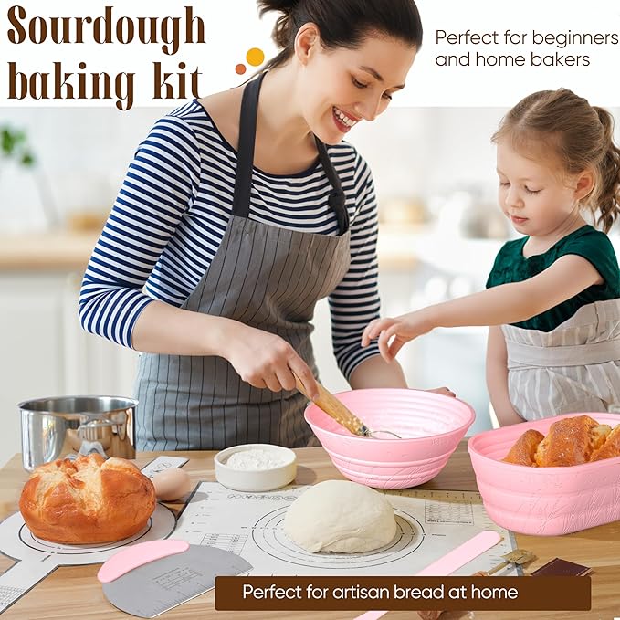 Sourdough Starter Kit with Jar – Complete Sourdough Bread Baking Supplies for Beginners, Includes 2 Silicone Proofing Baskets Baking Mat Sour Dough Kit - Pink