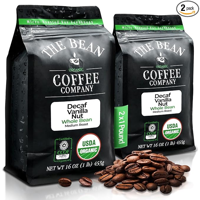 The Bean Organic Coffee Company Water Processed DECAF Vanilla Nut, Medium Roast, Whole Bean Coffee, 16-Ounce Bags (Pack of 2)
