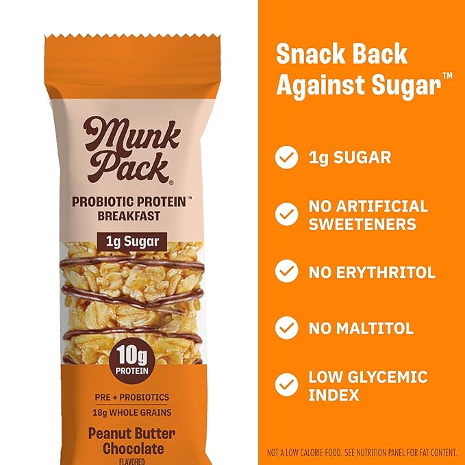 Munk Pack Peanut Butter Probiotic Protein Bars | 10g Plant Protein, 1g Sugar, 6g Fiber | Diabetic-Friendly Ideal Breakfast Bars - On-the-Go Snacks, Gluten-Free, Non-GMO | 12 Count