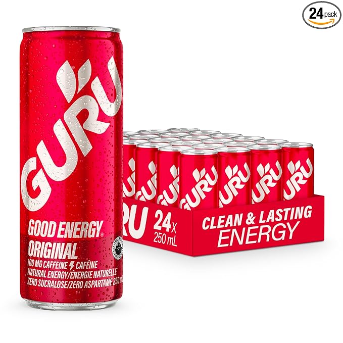 GURU Original Organic Energy Drinks, Clean Energy Drink with Plant Based Natural Caffeine from Green Tea, Gluten Free and Vegan, 100MG Caffeine, Healthy Drinks, 8.4oz (Pack of 24)