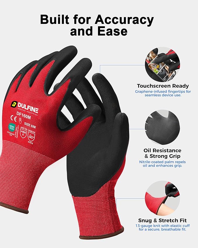 DULFINE Safety Work Gloves MicroFoam Nitrile Coated-3 Pairs Pack,Red Seamless Knit Nylon Glove with Black Micro-Foam Nitrile Grip,Ideal for General Purpose,Automotive,Home Improvement,Painting(Large)