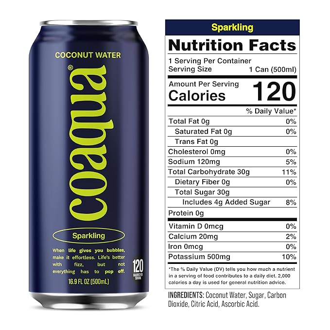 Coaqua Sparkling Coconut Water, 12 Pack, Natural Electrolytes for Hydration, Refreshing Sparkling Electrolyte Drink, Pure Coconut Water Not from Concentrate, Fat Free, 16.9 Fl Oz Cans