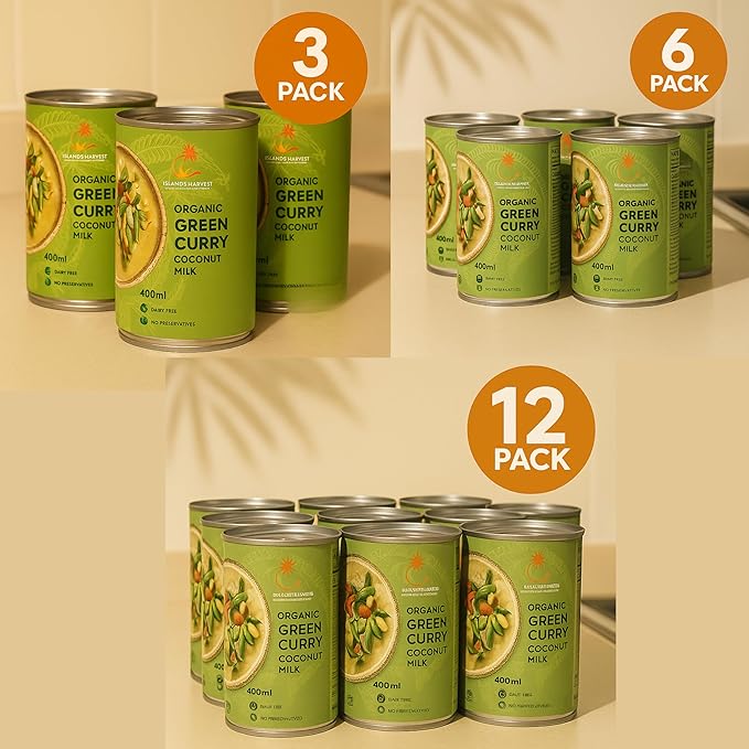 Islands Harvest Organic Green Curry Coconut Milk Pack of 3 - Vegan, Kosher, Halal, Non-GMO, USDA Organic GREEN CURRY - Pure No Added Artificial Flavors, Colors & Preservatives for Curries, Such As Green Beans, Broccoli, Carrot