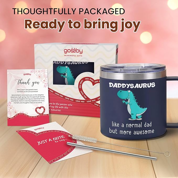 Gossby Gift for Dad - 14oz DADDYSAURYS Insulated Coffee Tumbler Mug - Father's Day, Christmas, Birthday Gift for Dad from Daughter, Son, Kid - Travel Cup with Lid and Straw