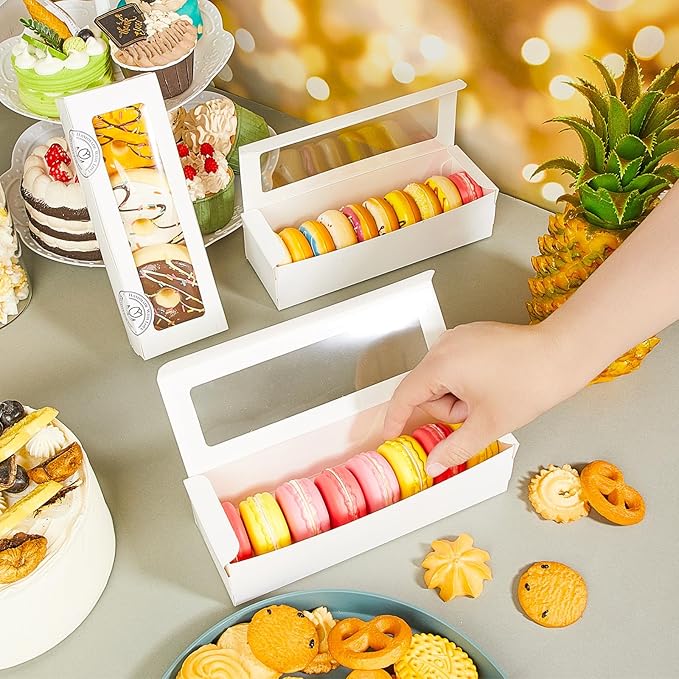 Sherr 100 Pcs White Macaron Boxes with Window, Cookies Boxes with 200 Pcs Stickers Long Bakery & Dessert Gifts Containers for Donuts, Pastry, Chocolate Covered Strawberry