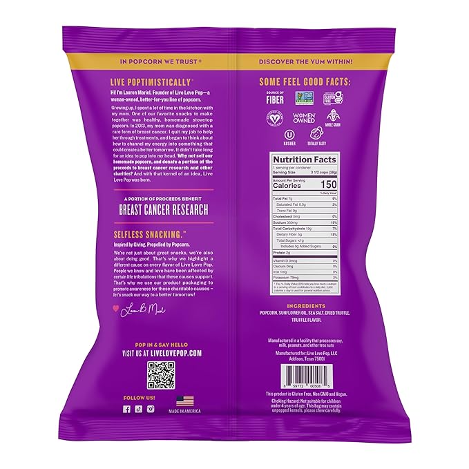 Live Love Pop Truffle Salt Flavored Gourmet Popcorn, 1.0 Oz (Pack of 12), Individual Snack Size Bags, Healthy Snack, Gluten Free, Vegan & Non-GMO, Mission Driven Munchies