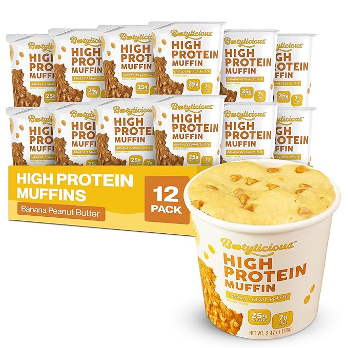 Bootylicious | High-Protein Muffin | 25g Protein, 7g Net Carbs, 2.32-2.75oz Cup, 12-Pack (Banana Peanut Butter)