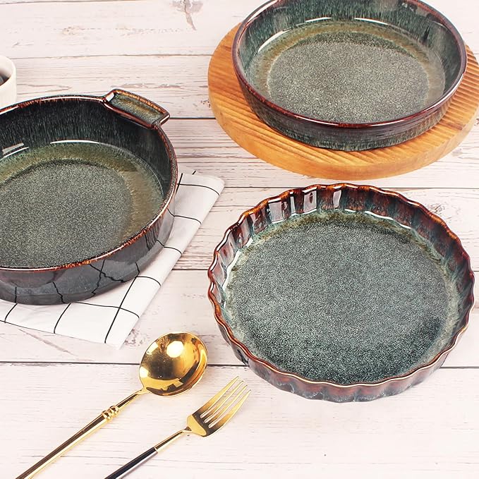 Ceramic Pie Pan Quiche Baking Dish, 11 Inch Round Ruffled Edge Au Gratin Baking Dishes, 1.4 Quart Non-Stick Pie Dish, Tart Pan, Pie Plate for Apple, Oven, Dishwasher and Microwave Safe
