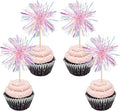 30 PCS Foil Firework Cupcake Toppers Happy Birthday Cupcake Toppers Sparkle Tinsel Flower Drink Stirrers Cocktail Fruit Toothpicks for Valentine's Day Baby Shower Party Cake Decor Supplies Pink