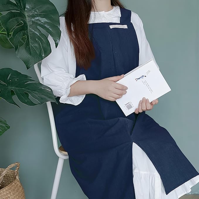 HANEE Cotton Aprons for Women and Men | Cross-Back Apron with Pockets