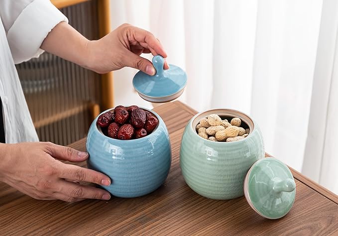 Kitchen Canisters Vintage Ceramic Food Storage Jar with Airtight Lid for Tea, Coffee, Herb, Sugar, Spice, Nuts (Green(ICE))