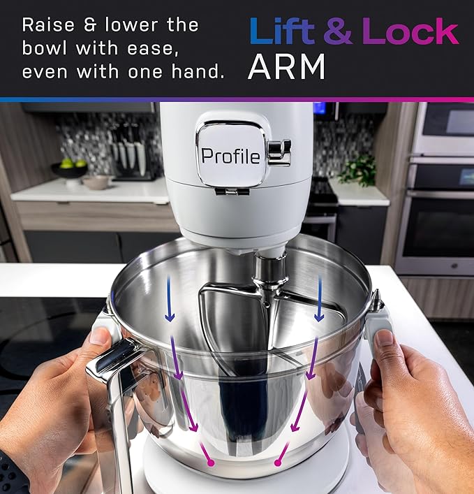 GE Profile Smart Stand Mixer w/Built-In Smart Scale & Auto Sense Technology, 7qt Stainless Steel Bowl, 11 Speed l Dough Hook, Beater, 11-wire whip l works w/Amazon Alexa & Google Home l Stone White