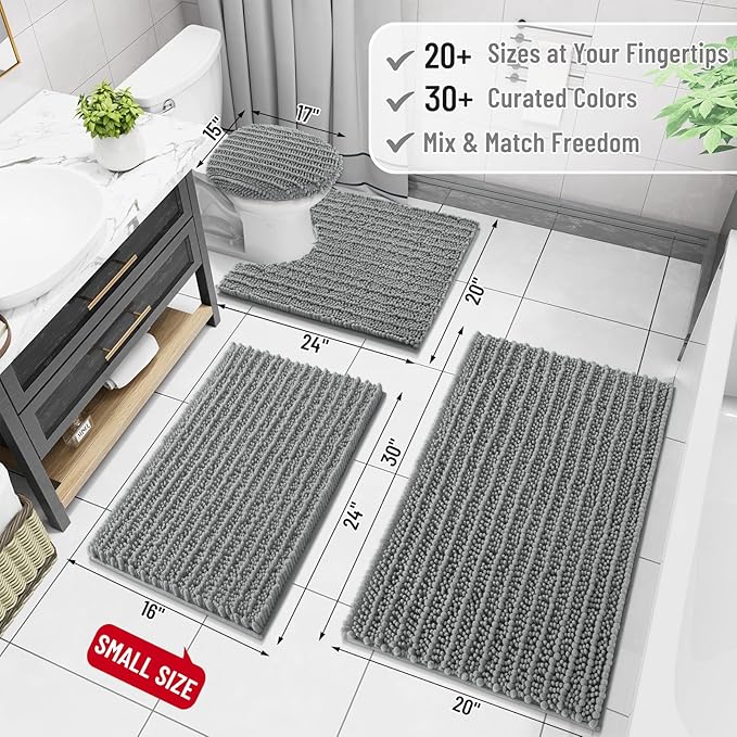 Arotive Luxury Chenille Bathroom Rug Mat, Extra Soft Thick Absorbent Shaggy Bath Rugs, Non-Slip Machine Wash Dry, Plush Bath Mats for Bathroom, Shower and Tub, 45x27, Grey